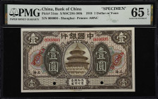 (t) CHINA--REPUBLIC. Bank of China. 1 Dollar or Yuan, 1918. P-51ms. S/M#C294-100k. Specimen. PMG Gem Uncirculated 65 EPQ.
Shanghai, serial number 000...