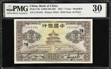 CHINA--REPUBLIC. Bank of China. 1 Yuan, 1935. P-74b. S/M#C294-200. PMG Very Fine 30.
Shanghai, serial number C451341. 'TN' overprint.
From the Prosp...