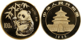 CHINA. Gold 100 Yuan, 1995. Panda Series. NGC MS-69.
Fr-B4; KM-719; PAN-235B. Small date variety. An elusive KEY DATE example, this nearly flawless e...
