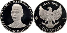 INDONESIA. 1000 Rupiah, 1970. Paris Mint. NGC PROOF-66 Ultra Cameo.
KM-27. Struck for the 25th anniversary of independence and featuring the bust of ...