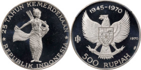 INDONESIA. 500 Rupiah, 1970. NGC PROOF-65 Ultra Cameo.
KM-25. Mintage: 4,800. Commemorating the 25th Anniversary of Independence and featuring a Waya...