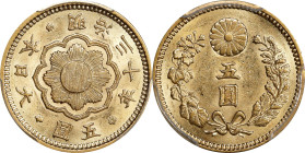 JAPAN. 5 Yen, Year 30 (1897). Osaka Mint. Mutsuhito (Meiji). PCGS MS-62.
Fr-52; KM-Y-32; JNDA-01-8; JC-09-8. AGW: 0.1205 oz. 

Estimate: $550

日本...