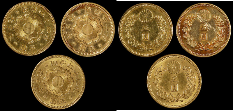 JAPAN. Trio of 5 Yen (3 Pieces), Years 30 & 44 (1897 & 1911). Osaka Mint. Mutsuh...
