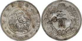 JAPAN. Yen, Year 13 (1880). Osaka Mint. Mutsuhito (Meiji). NGC AU Details--Chopmarked.
KM-Y-28A.5; JNDA-01-10B. "Gin" countermark on left reverse fie...