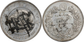 JAPAN. Yen, Year 18 (1885). Osaka Mint. Mutsuhito (Meiji). PCGS Genuine--Chopmark, AU Details.
KM-Y-A25.2; JNDA-01-10; JC-09-10-1. Ink chops on obver...