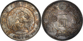JAPAN. Yen, Year 24 (1891). Osaka Mint. Mutsuhito (Meiji). PCGS MS-61.
KM-Y-A25.3; JNDA-01-10a; JC-09-10-2. "Gin" countermark in left reverse field. ...
