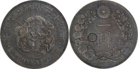 JAPAN. Yen, Year 25 (1892). Osaka Mint. Mutsuhito (Meiji). PCGS AU-50.
KM-Y-28A.2; JNDA 01-10C. 3 Flames variety; "Gin" countermark in left reverse f...