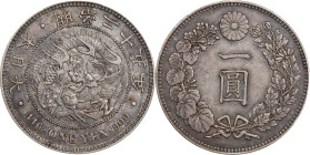 JAPAN. Yen, Year 25 (1892). Osaka Mint. Mutsuhito (Meiji). PCGS EF-45.
KM-Y-A25.3; JNDA-01-10A; JC-09-10-2. Three spines over the flame variety.

E...