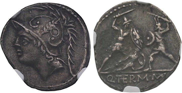Q. Thermus M.f, 103 BC. Denarius (Silver), Rome. Head of Mars to left, wearing c...