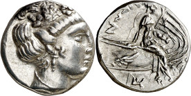(s. III-II a.C.). Euboia. Histiaia. Tetróbolo. (S. 2496 var) (CNG. IV, 1524). Ligera doble acuñación en reverso. 2,46 g. (EBC-).