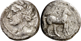Zeugitana. Cartago. 1/4 de shekel. (S. 6499) (CNG. I 1388, como auñada por los cartagineses en la Campania). 1,54 g. MBC-.