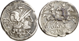 (hacia 148 a.C.). Gens Atilia. Denario. (Bab. 8) (Craw. 214/1c). 3,71 g. MBC-.