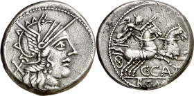 (hacia 123 a.C.). Gens Porcia. Denario. (Bab. 1) (Craw. 274/1). Pequeña raspadura en borde del reverso. 3,87 g. MBC+.