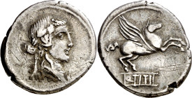 (hacia 90 a.C.). Gens Titia. Denario. (Bab. 2) (Craw. 341/2). Rayas. 3,75 g. (MBC).