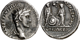 (2 a.C. - 4 d.C.). Octavio Augusto. Denario. (Spink 1597) (S. 43) (RIC. 207). Incrustaciones. 3,58 g. MBC-.