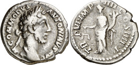 (181 d.C.). Cómodo. Denario. (Spink falta) (S. 810) (RIC. 13). 2,98 g. MBC-.