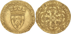 Charles VI - Ecu d'or à la couronne 1ere émission (Tours)
R/ Différent Tours après IMPERAT.

Or - 4,07 grs - 27 mm
Dy.369
SUP+

Magnifique exem...