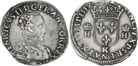 François II (au nom d'Henri II) - Teston à la tête nue 1er type 1559 K (Bordeaux)
Buste B.

Argent - 9,35 grs - 28 mm
G.365B
TTB-/TTB

Type ass...