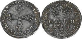 Louis XIII - 1/4 écu à la croix fleurdelisée de face 1643 M (Toulouse)

Argent - 9,66 grs - 30 mm
G.27
TTB-

Type assez rare pour Louis XIII. Un...