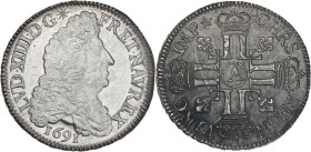 Louis XIV - 1/2 écu aux 8L 1er type 1691 A (Paris)
Flan réformé

Argent - 13,44 grs - 33 mm
G.184
SUP

Superbe exemplaire avec une patine blanc...