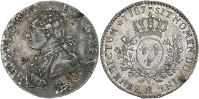 Louis XVI - 1/5 écu au buste habillé 1787 R (Orléans)

Argent - 5,88 grs - 26,5 mm
G.354
SUP

Superbe ! Un choc sur le listel à 2h.