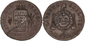 Convention - 2 sols à la balance 1793 B (Rouen) - Refrappe posérieure

Cuivre - 21,98 grs - 34,5 mm
G.31
Pr. SUP

Superbe exemplaire pour le typ...