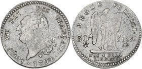 Constitution - 30 sols Français 1792 BB (Strasbourg) 

Argent - 9,76 grs - 29 mm
G.38
TB+

Très rare avec Français dans la légende. Nettoyée, as...