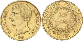 Napoléon Empereur - 20 francs buste intermédiaire An 12 A (Paris)

Or - 6,43 grs - 21 mm
F.511-1 / G.1021
SUP

Superbe exemplaire.