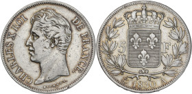 Charles X - 5 francs tranche en relief 1830 A (Paris)

Argent - 25,05 grs - 37 mm
F.312-1 / G.644a
TB+

Type rare avec la tranche en relief. Net...