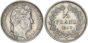 Louis-Philippe - 1/2 franc 1840 W (Lille)
Différent Caducée.

Argent - 2,52 grs - 18 mm
F.182-87 / G.408
SUP-

Rare ! Exemplaire nettoyé (hairl...