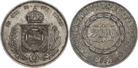 Brésil, Pedro II - 2000 Reis 1867 

Argent - 25,51 grs - 37 mm
KM.19-466
TTB+

Rare ! Très bel exemplaire avec une patine grise ancienne.