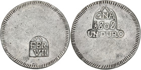 Espagne, Ferdinand VII, Siège de Gérone - 5 pesetas ou duro 1808

Argent - 26,89 grs - 40 mm
VG.2137
TTB