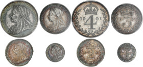 Royaume-Uni, Victoria - Maundy set 1901 - Prooflike

1 penny argent (KM20-775) - SPL+ / PCGS PL64
2 pence (KM20-776) - FDC / PCGS PL65 
3 pence (K...