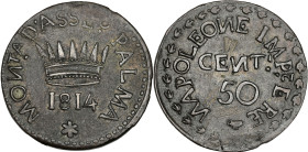 Italie, Venise, Siège de Palma Nova - 50 centesimi 1814

Bronze - 11,06 grs - 28 mm
Mont.65
TTB

Rare !