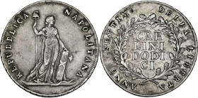 Italie, République Napolitaine - 12 carlini 1799 (Naples)

Argent - 27,38 grs - 40 mm
MIR.413 / Dav.1410 / Mont.330
TTB