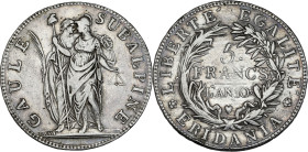 Italie, République Subalpine - 5 francs An 10 (Turin)

Argent - 24,96 grs - 37 mm
Gigante.4
TTB

Nettoyée.