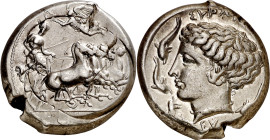 (415-405 a.C.). Sicilia. Siracusa. Tetradracma. (S. 936 var) (CNG. II, 1330, mismo ejemplar). Firmada por Evainetos y Euclides. Bella. Ex Gemini IX 09...