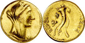Egipto Ptolemaico. Ptolomeo III, Euergetes (246-222 a.C.). Efeso. Tetradracma de oro. (S. falta) (BMC. falta) (Svoronos falta). Rarísima, probablement...