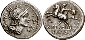 (hacia 116-115 a.C.). Gens Sergia. Denario. (Bab. 1) (S. 1a) (Craw. 286/1, ver nota). 3,73 g. MBC+.

(Around 116-115 BC). Gens Sergia. Denarius. (Ba...