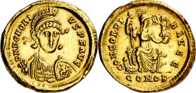 (395-402 d.C.). Honorio. Constantinopla. Sólido. (Spink 20899) (Co. 3) (RIC. 8). Pequeña muesca en canto. 4,42 g. MBC+.

(395-402 A.D.). Honorius. C...