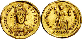 (402-403 d.C.). Honorio. Constantinopla. Sólido. (Spink 20901) (Co. 6 var) (RIC. 24). Spink y RIC. no recogen esta oficina. Atractiva. 4,46 g. EBC.
...