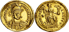 (408-420 d.C.). Teodosio II. Constantinopla. Sólido. (Spink 21127) (Ratto falta) (RIC. 202). Estuvo en un aro. 4,30 g. (MBC+).

(408-420 A.D.). Theo...