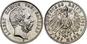Alemania. Sajonia. 1901. Alberto. E (Dresden). 5 marcos. (KM. 1246). Limpiada. Escasa. AG. 27,59 g. MBC+.

Germany. Saxony. 1901. Albert. E (Dresden...