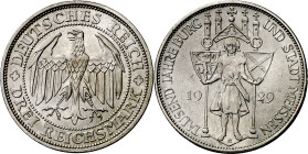 Alemania. 1929. E (Muldenhutten). 3 marcos. (KM. 65). Milenario de Meissen. Escasa. AG. 14,93 g. S/C-.

Germany. 1929. E (Muldenhutten). 3 marks. (K...