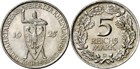 Alemania. 1925. D (Múnich). 5 marcos. (KM. 47). Milenario de Renania. Bella. Escasa. AG. 24,93 g. EBC+.

Germany. 1925. D (Munich). 5 marks. (KM. 47...