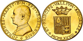 Andorra. 1978. 1 soberano. (Fr. 2) (KM. falta). Leyenda en latín. En carterita oficial con certificado. AU. 8 g. S/C.

Andorra. 1978. 1 Sovereign. (...