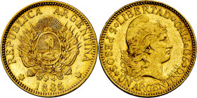 Argentina. 1885. 5 pesos. (Fr. 14) (KM. 31). Parte de brillo original. AU. 8,06 g. MBC+.

Argentina. 1885. 5 pesos. (Fr. 14) (KM. 31). Some of its o...