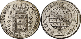 Brasil. 1814. Juan, príncipie regente. B (Bahía). 960 reis. (KM. 307.1). Acuñada sobre un 8 reales de Fernando VII, Cataluña SF. Bella. Muy raro sobre...