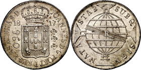 Brasil. 1817. Juan, príncipe regente. B (Bahía). 960 reis. (KM. 307.1). Acuñado sobre un 8 reales de Fernando VII, México 1809. Atractiva. AG. 26,88 g...