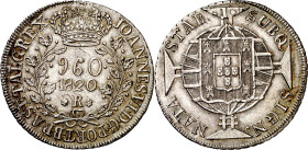 Brasil. 1820. Juan VI. R (Río). 960 reis. (KM. 326.1). Acuñada sobre un 8 reales de Fernando VII, Lima JP. Buen ejemplar. AG. 26,68 g. EBC.

Brasil....